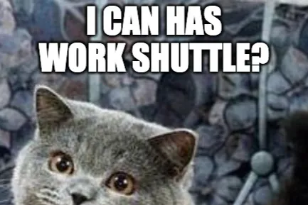 Kitty meme with caption: "I Can Has Work Shuttle?"