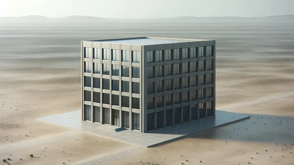 A generic office building in a barren landscape, with no roads